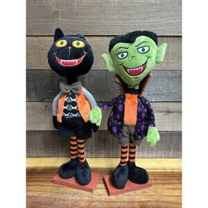 Set Of 2 Halloween Cloth Figures On Wood Base Dracula Black Cat 15” Tall